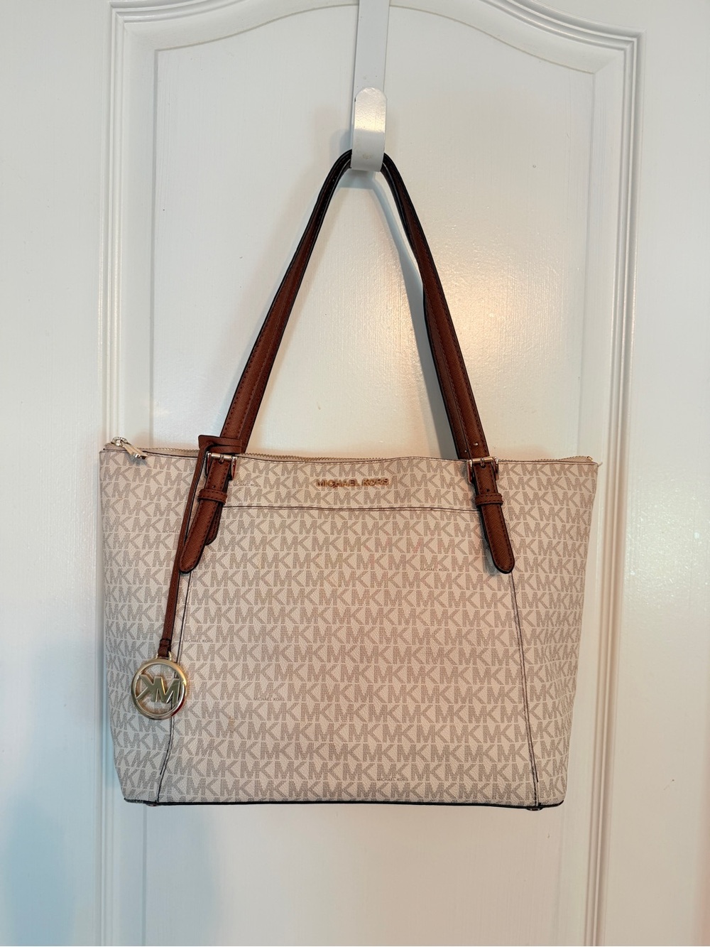 Michael Kors Beige MK Monogram Tote with Brown Leather Straps